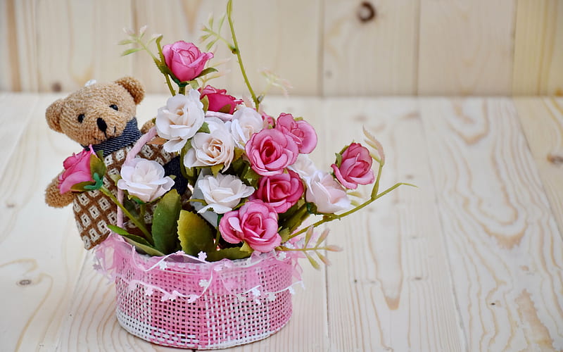 pink roses, flower gift, teddy bear, roses, gift, HD wallpaper