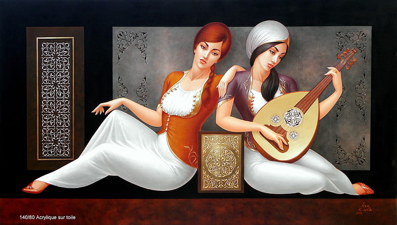 Girls, art, luminos, odalisque, mourad chaaba, instrument, girl, painting, pictura, couple, HD wallpaper