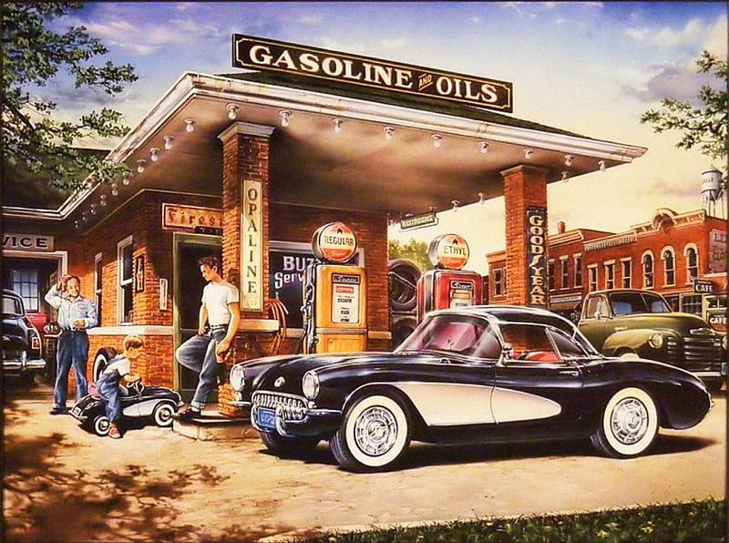 Full Service, gasoline, corvette, car, station, artwork, HD wallpaper