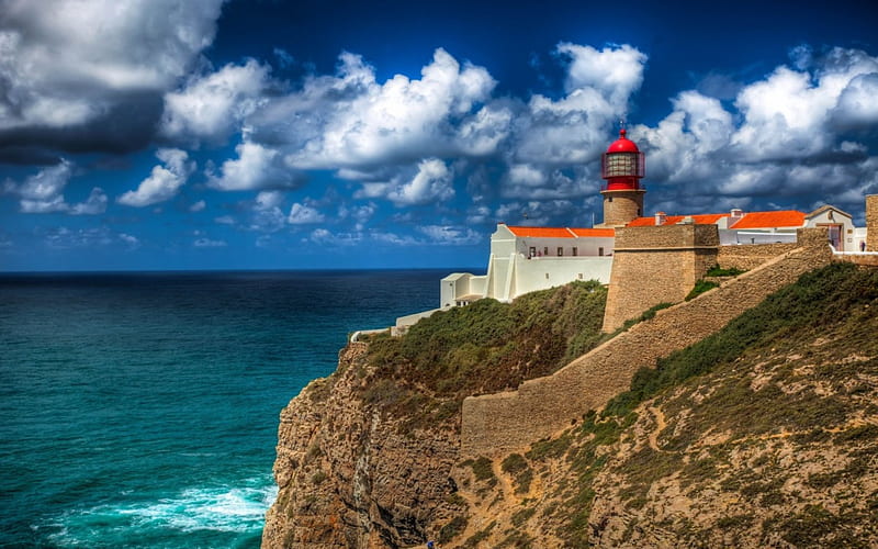 magnificent lighthouse on cliff fortress r, gdr, cliff, clouds, fort, lighthouse, sea, HD wallpaper