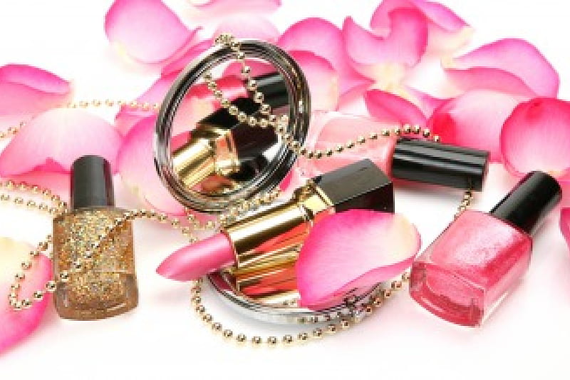 Pink Petals and Cosmetics, cosmetics, beadss, rose, lobes, spangle, lipstick, femininity, varnish, lifestyle, mirror, ornament, HD wallpaper