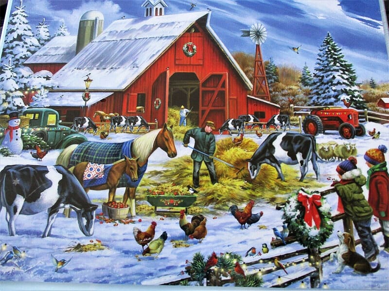 Christmas in the Farmyard, fence, snow, tractor, cow, winter, poultry, horse, barn, children, artwork, painting, HD wallpaper