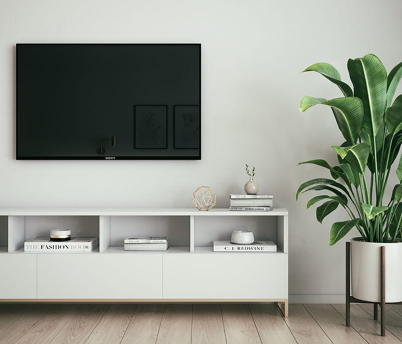 black flat screen tv on white wall, HD wallpaper