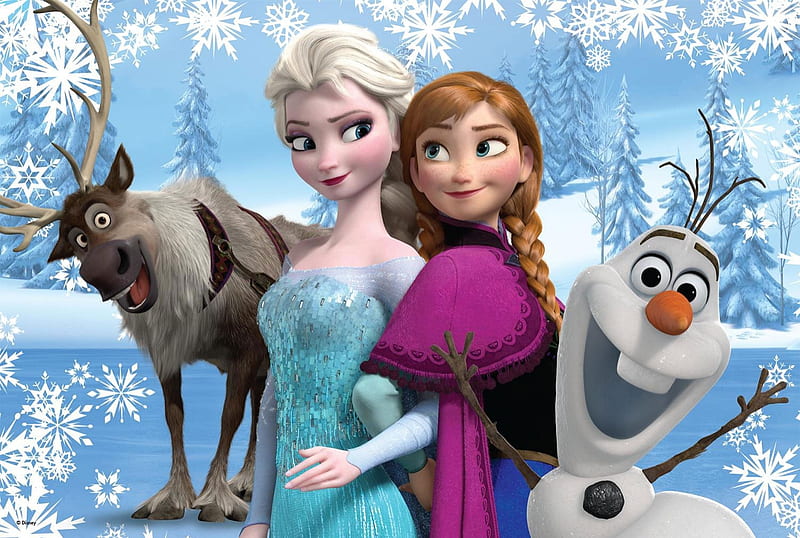 Frozen (2013), anna, movie, elsa, snowman, olaf, fantasy, snow queen, sister, reindeer, frozen, princess, pink, disney, blue, HD wallpaper