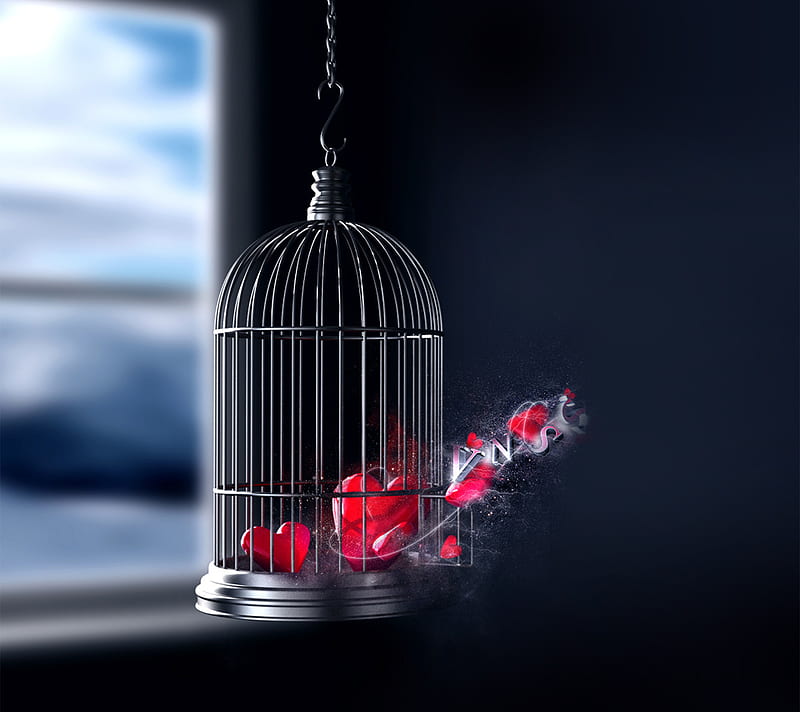 The Imprisoned Love, red, window, heart shape, cage, imprisoned, love, heart, prison, letter, HD wallpaper