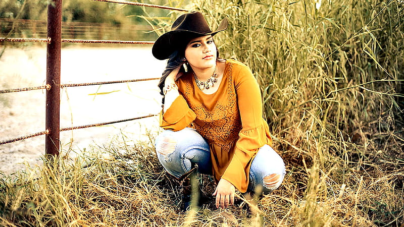 Fence Work. ., fence, boots, cowgirl, ranch, hay, Hats, outdoors, brunettes, style, western, HD wallpaper