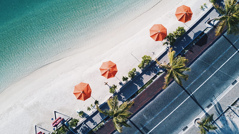 aerial shot of orange umbrellas near shore, HD wallpaper