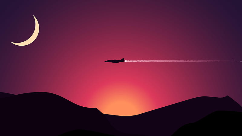 Minimalism Plane Flying Above Mountains Moon, minimalism, plane, flying, mountains, moon, sunset, HD wallpaper