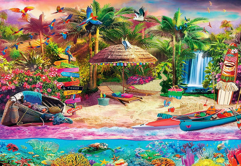 Tropical Island Holiday, umbrella, palm trees, boats, beach, painting, HD wallpaper