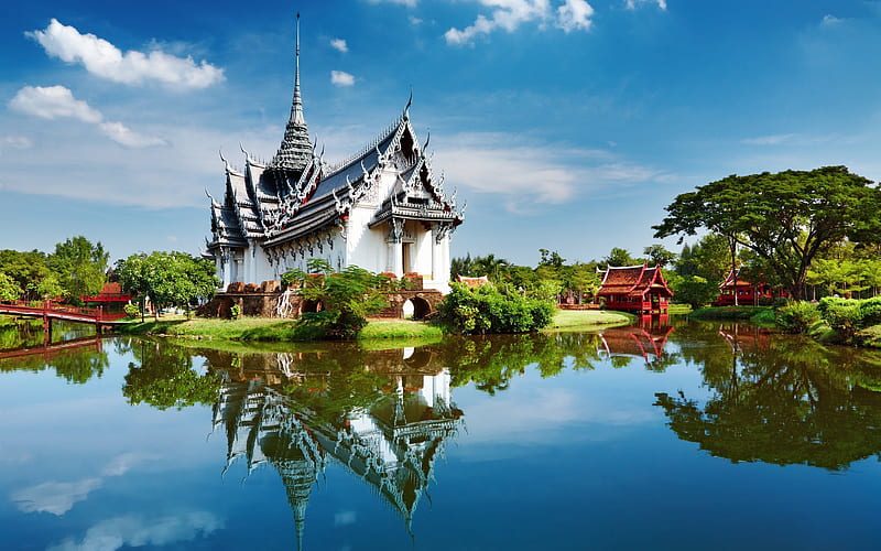 Bangkok, temple, summer, lake, park, Thailand, Asia, HD wallpaper
