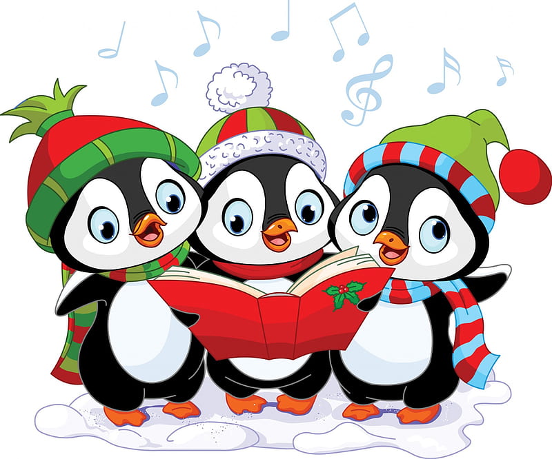 Christmas penguin carroling, christmas, snow, penguin, choir, carolling, winter, HD wallpaper