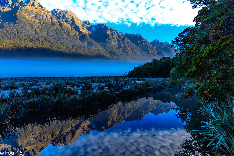 mountains, lake, fog, landscape, reflection, HD wallpaper