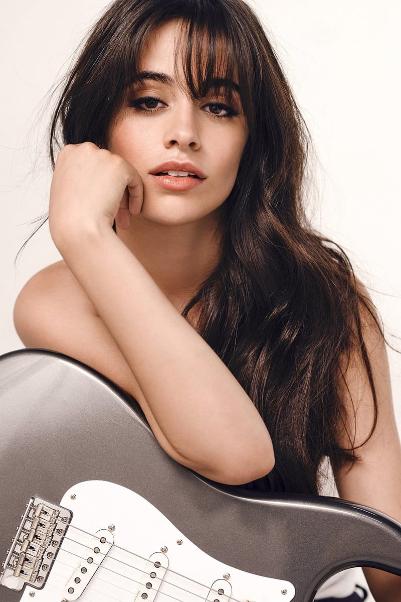 Camila Cabello, women, brunette, singer, long hair, dark hair, simple background, guitar, white background, cuban, HD phone wallpaper