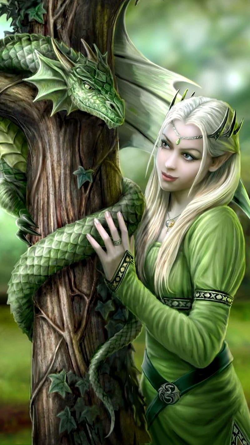 Girl and dragon, fantasy, green, tree, HD phone wallpaper