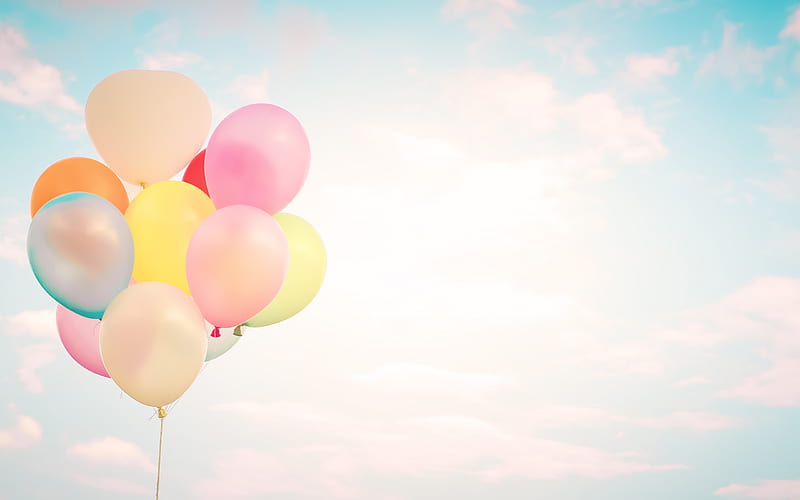 bunch of balloons, multicolored inflatable balls, sky, clouds, colored balloons, HD wallpaper