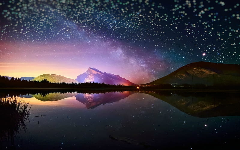 star night, abstract, color, lake, landscape, mountain, new, stars, HD wallpaper