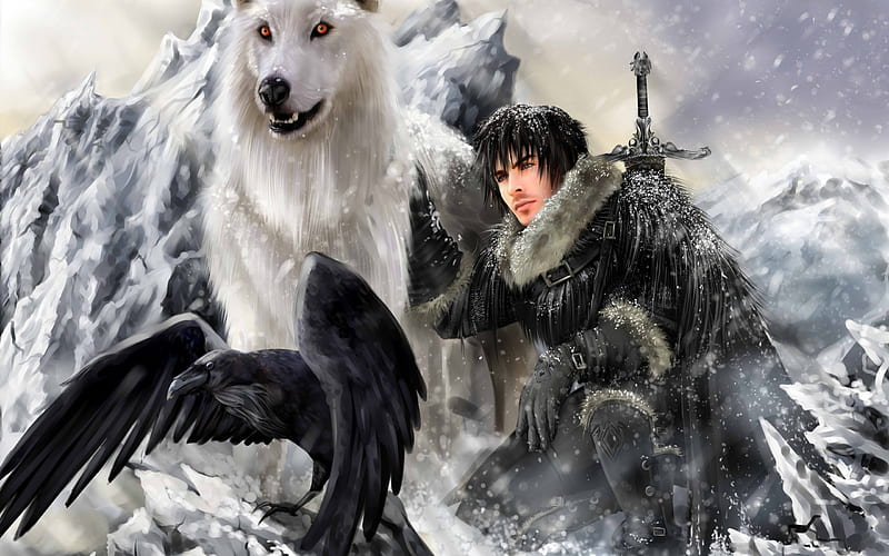 Warrior And His Loyal Companions, fantasy, raven, cool, warrior, wolf, winter, HD wallpaper
