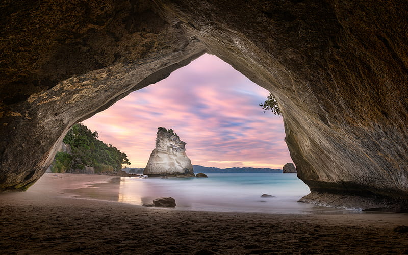 Cathedral Cove, Te Whanganui-A-Hei Marine Reserve, Coromandel Peninsula, New Zealand, Mercury Bay, Pacific Ocean, cave, evening, sunset, beautiful landscape, HD wallpaper