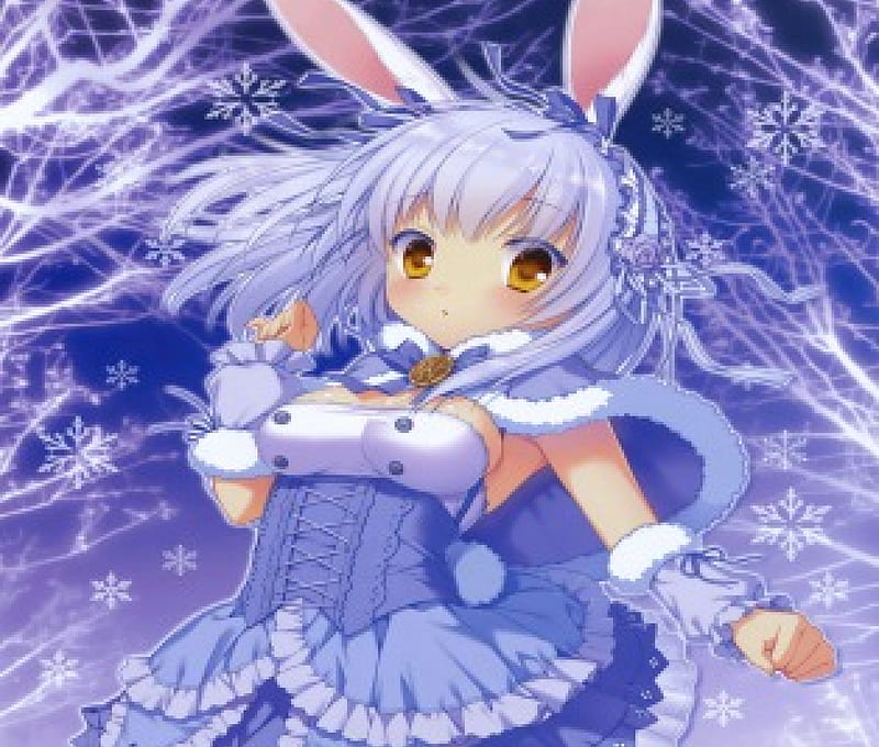 winter Rabbit Girl, pretty, dress, bonito, woman, sow, anime, beauty, long hair, blue, art, forest, female, rabbit ears, winter, cute, girl, snowflakes, lady, white, HD wallpaper