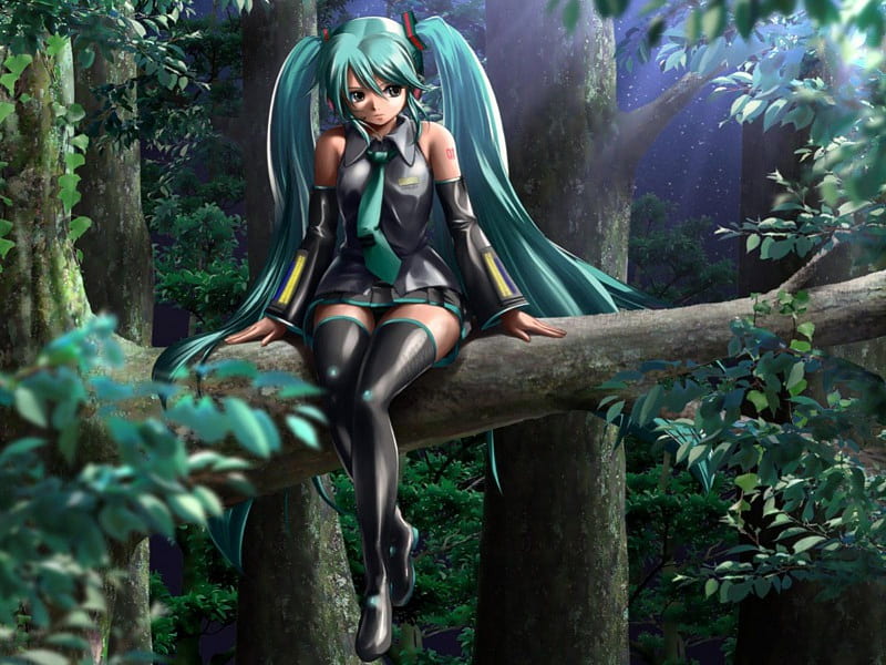 Hatsune Miku, pretty, stunning, sun, cg, thigh highs, nice, anime, aqua, beauty, anime girl, forests, relaxation, vocaloids, realistic, art, twintail, real, black, miku, singer, sexy, trees, aqua eyes, cute, headset, hatsune, cool, digital, awesome, sunshine, white, idol, artistic, woods, headphones, tie, bonito, thighhighs, program, twin tail, hot, blue, vocaloid, outfit, amazing, realism, music, sunlight, diva, microphone, leggings, song, girl, stockings, uniform, sitting, virtual, aqua hair, relaxing, HD wallpaper