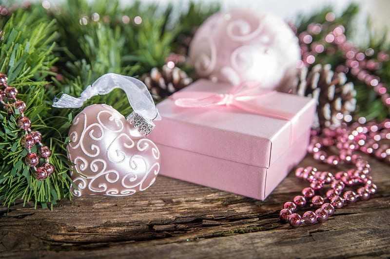 Pink , ornaments, christmas, ribbon, gift, garland, decorations, heart, beads, pink, wood, HD wallpaper