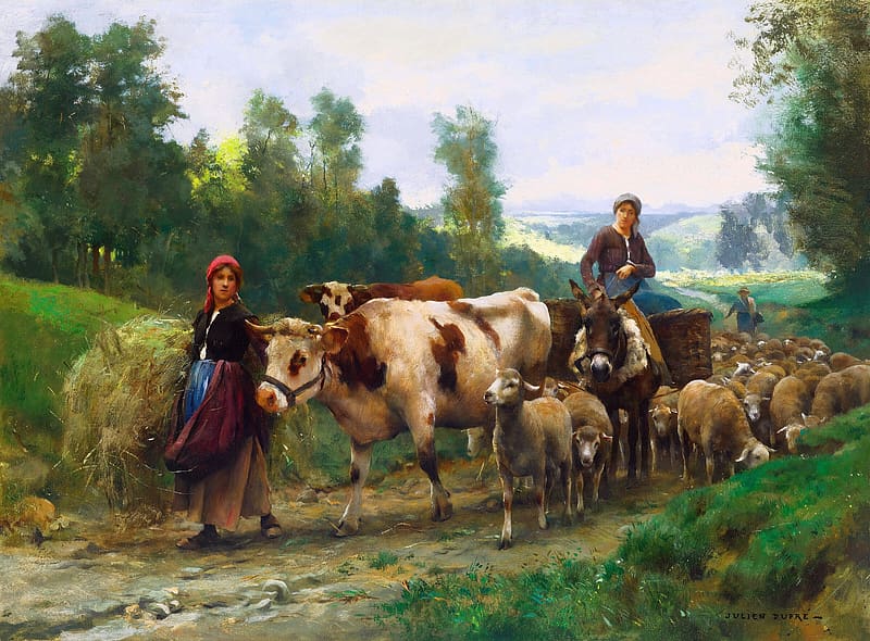 Retour de troupeau (Herd Return) by Julien Dupre, cow, animal, peasant, art, julien dupre, rural life, herd, people, painting, sheep, pictura, couple, HD wallpaper