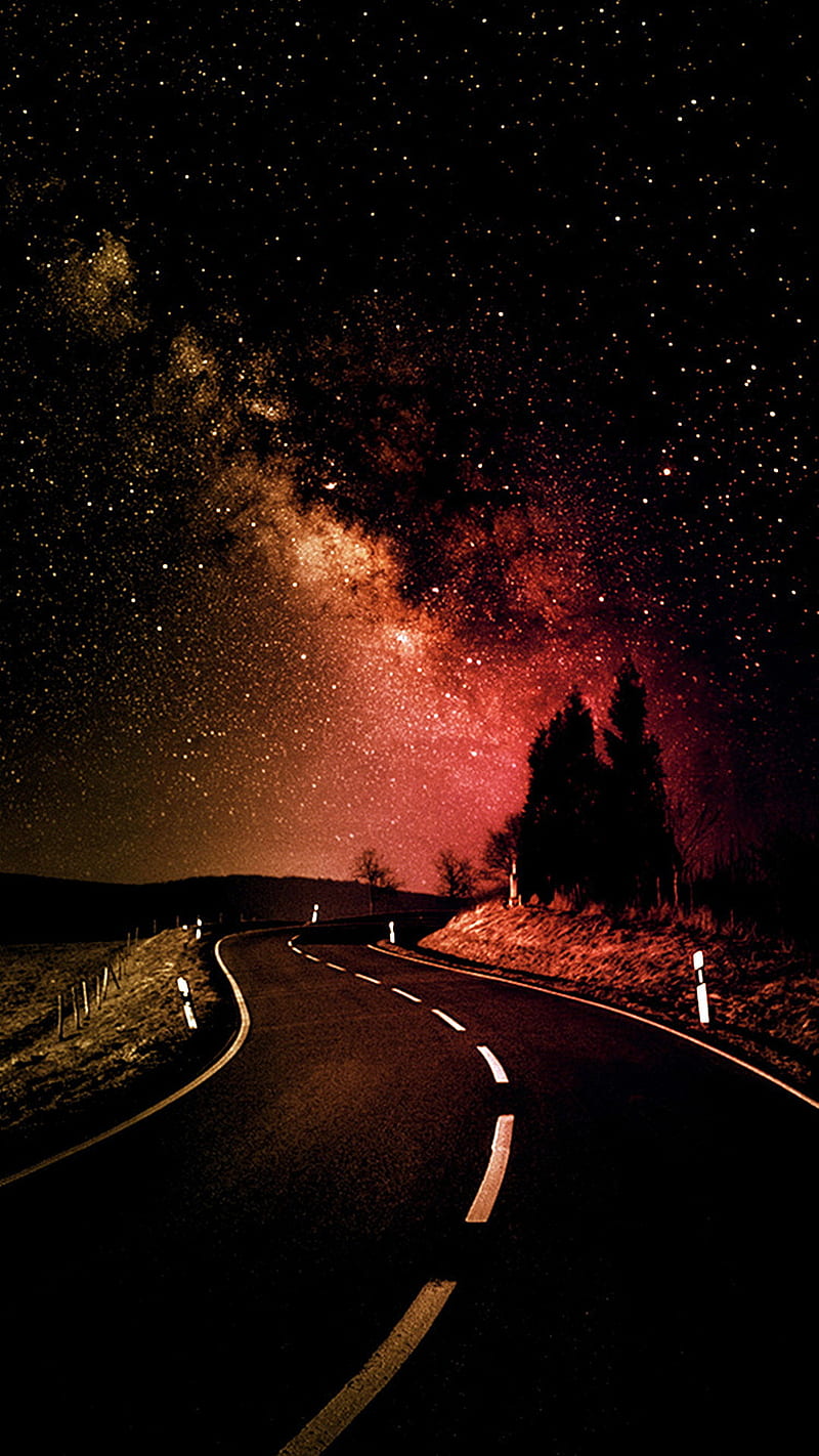 Road, night, stars, HD phone wallpaper