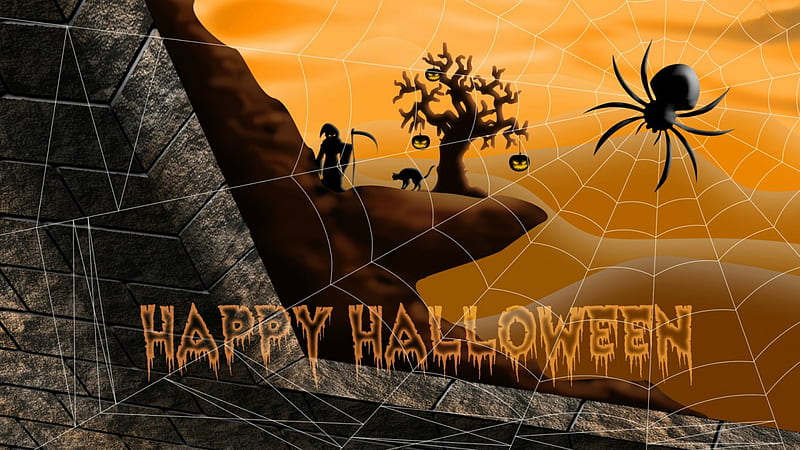 Happy Halloween, jack o lanterns, cat, spider, clouds, spider web, sickle, tree, reaper, web, black cat, cliff, Halloween, pumpkins, HD wallpaper
