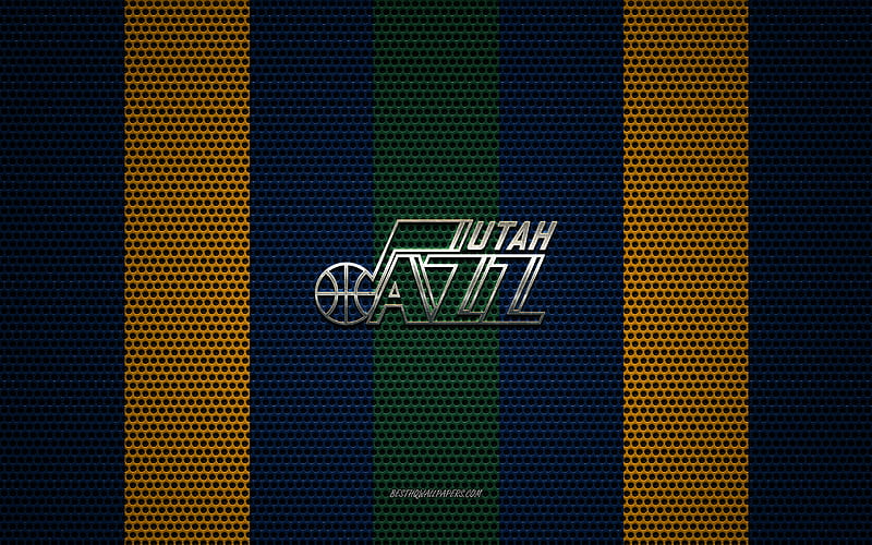 Utah Jazz logo, American basketball club, metal emblem, blue and yellow metal mesh background, Utah Jazz, NBA, Salt Lake City, Utah, USA, basketball, HD wallpaper