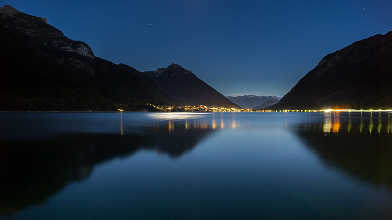 lake, mountains, city, lights, night, reflection, HD wallpaper