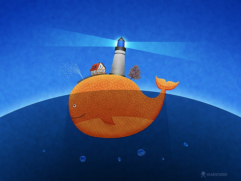 Whale, far, orange, ocean, creative, lighthouse, sea, fantasy, water, summer, funny, island, vladstudio, blue, vector, HD wallpaper