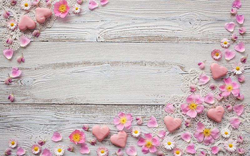Texture, heart, petals, valentine, pink, wood, card, HD wallpaper
