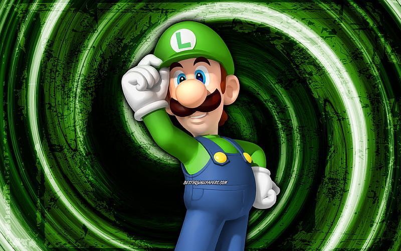 Luigi, green grunge background, cartoon plumber, Super Mario, vortex, Super Mario characters, Super Mario Bros, Luigi Super Mario, HD wallpaper