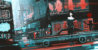 Wallpaper cyberpunk 2077, a girl with car, art desktop wallpaper, hd image,  picture, background, e70fea