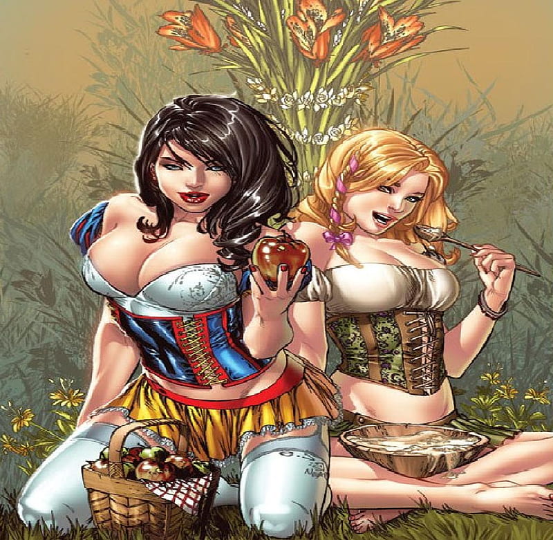 Snow White & Goldilocks, apple, porridge, snow white, goldilocks, flowers, HD wallpaper