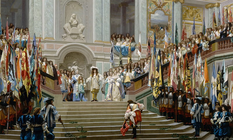 Reception of the Prince of Conde by king Louis XIV in Versai, king, art, louis XIV, luminos, prince, reception, jean leon gerome, conde, people, painting, pictura, history, HD wallpaper