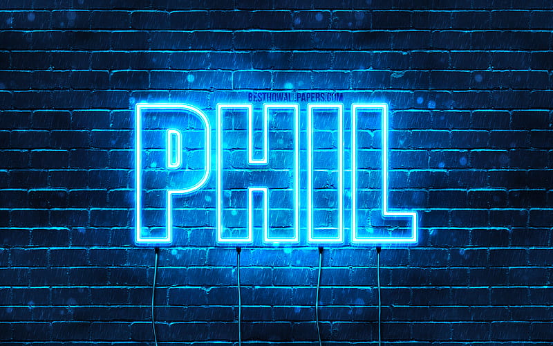 Phil with names, horizontal text, Phil name, Happy Birtay Phil, popular german male names, blue neon lights, with Phil name, HD wallpaper