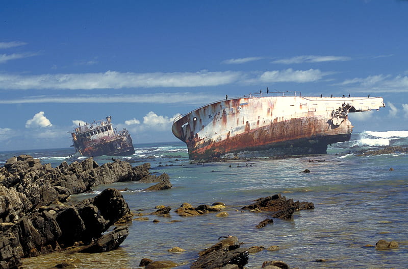 Shipwreck, rocks, ocean, sea, wreck, beach, water, marine, ship, HD wallpaper