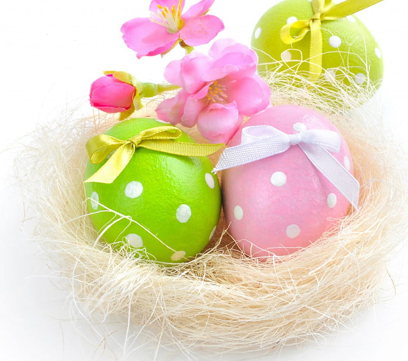 Delicate arrangement, colorful, holidays, decoration, Easter, special days, basket, eggs, flowers, pastel, harmony, HD wallpaper