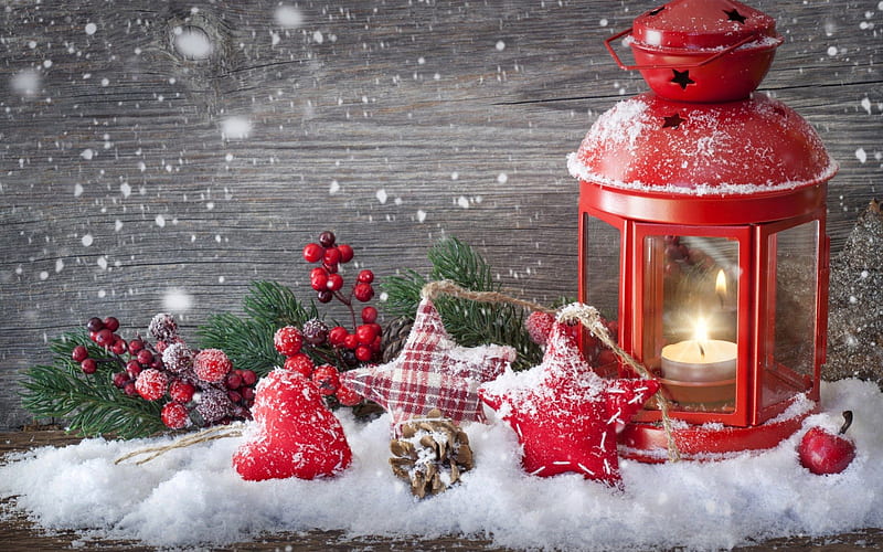 Christmas Lantern, red, candle, stars, lantern, christmas, decoration, winter, pine cones, snow, berries, snowflakes, twig, HD wallpaper