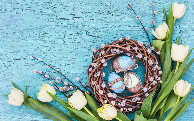 Happy Easter!, green, brown, easter, pasti, tulip, blue, card, spring, egg, flower, HD wallpaper