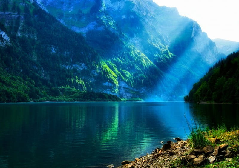 Klontalersee Lake, Switzerland, Alps, forest, sunrays, morning calm, mountains, bonito, sunrise, lake, HD wallpaper