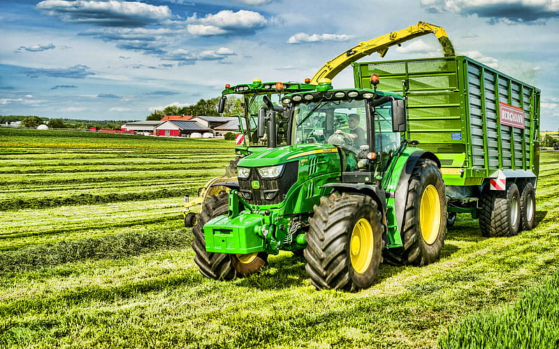 John Deere 6155R, picking grass, 2020 tractors, R, agricultural machinery, harvest, green tractor, agriculture, John Deere, HD wallpaper