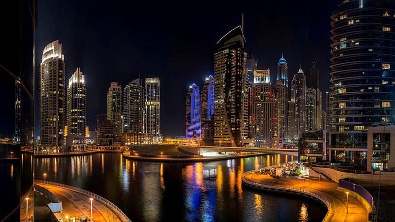 abu dhabi cityscape at night, city, highways, waterfront, lights, night, skyscrapers, HD wallpaper