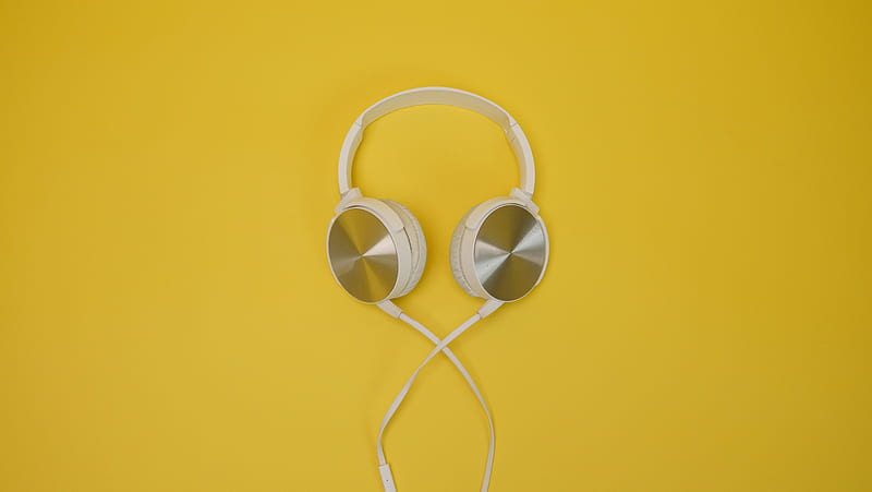 White Corded Headphones on Yellow Surface, HD wallpaper