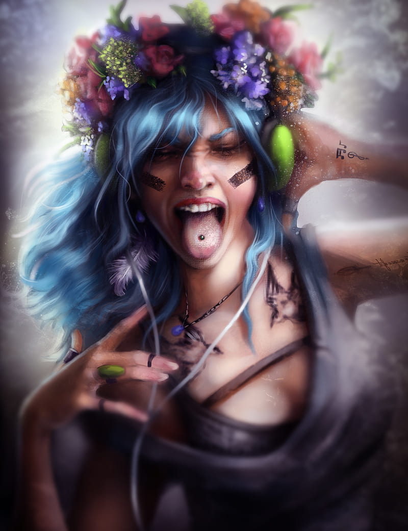fantasy art, tongue out, flower in hair, piercing, blue hair, long hair, rings, pierced tongue, HD phone wallpaper