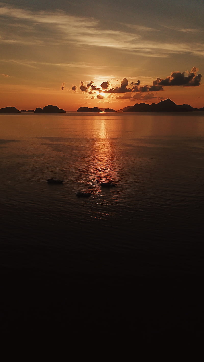 sea, sunset, boats, aerial view, twilight, dark, HD phone wallpaper
