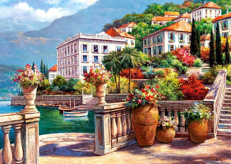 Amalfi Coast, hoses, view, mountains, painting, flowers, sea, HD wallpaper