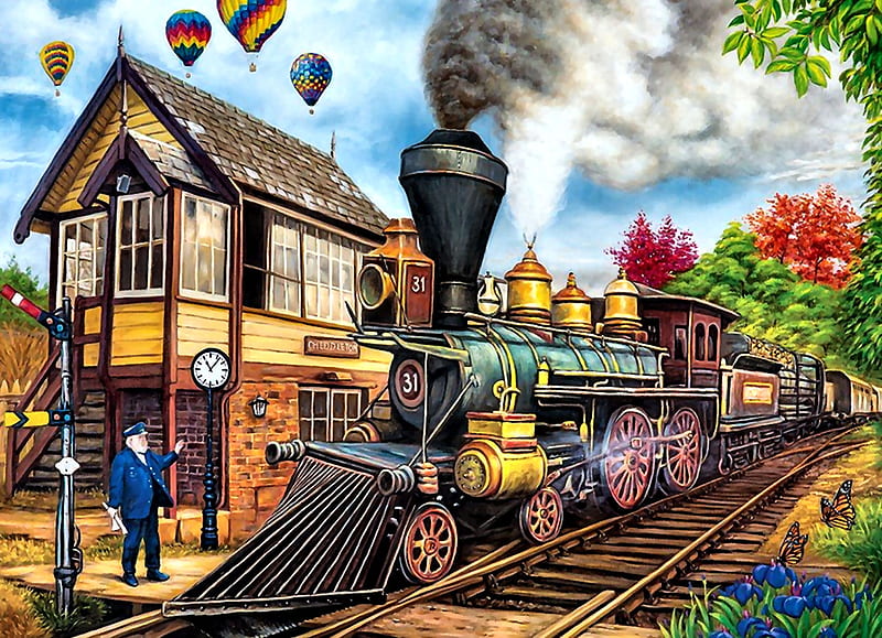Vintage Train at the Station F1Cmp, railroad, art, locomotive, bonito, illustration, artwork, depot, train, engine, painting, wide screen, station, tracks, HD wallpaper