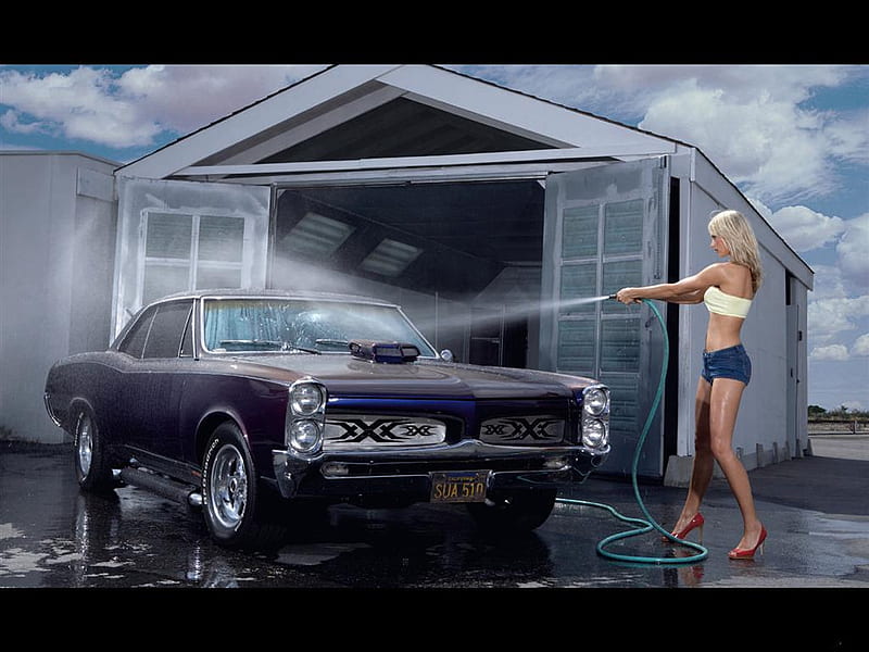 car wash, water, pipe, beautiful lady, car, HD wallpaper